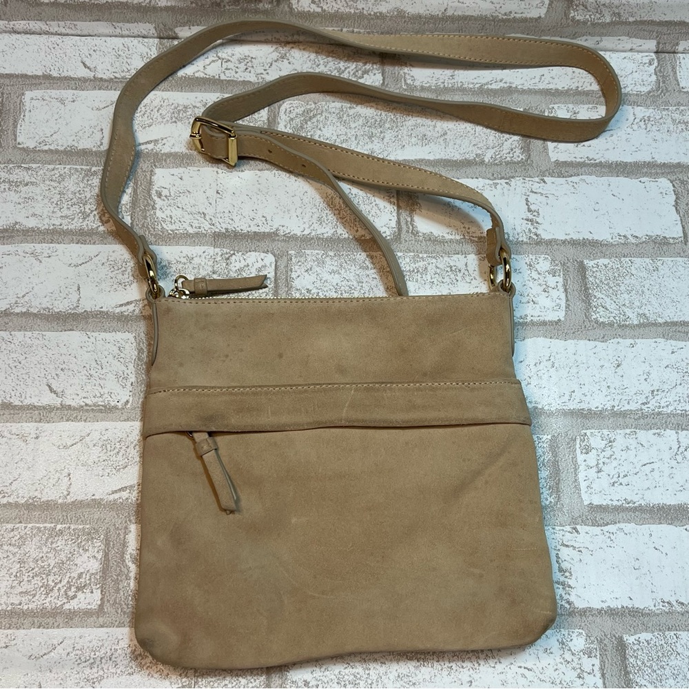 Mark & Graham Beige Soft Suede Leather Zipper Crossbody Purse Bag